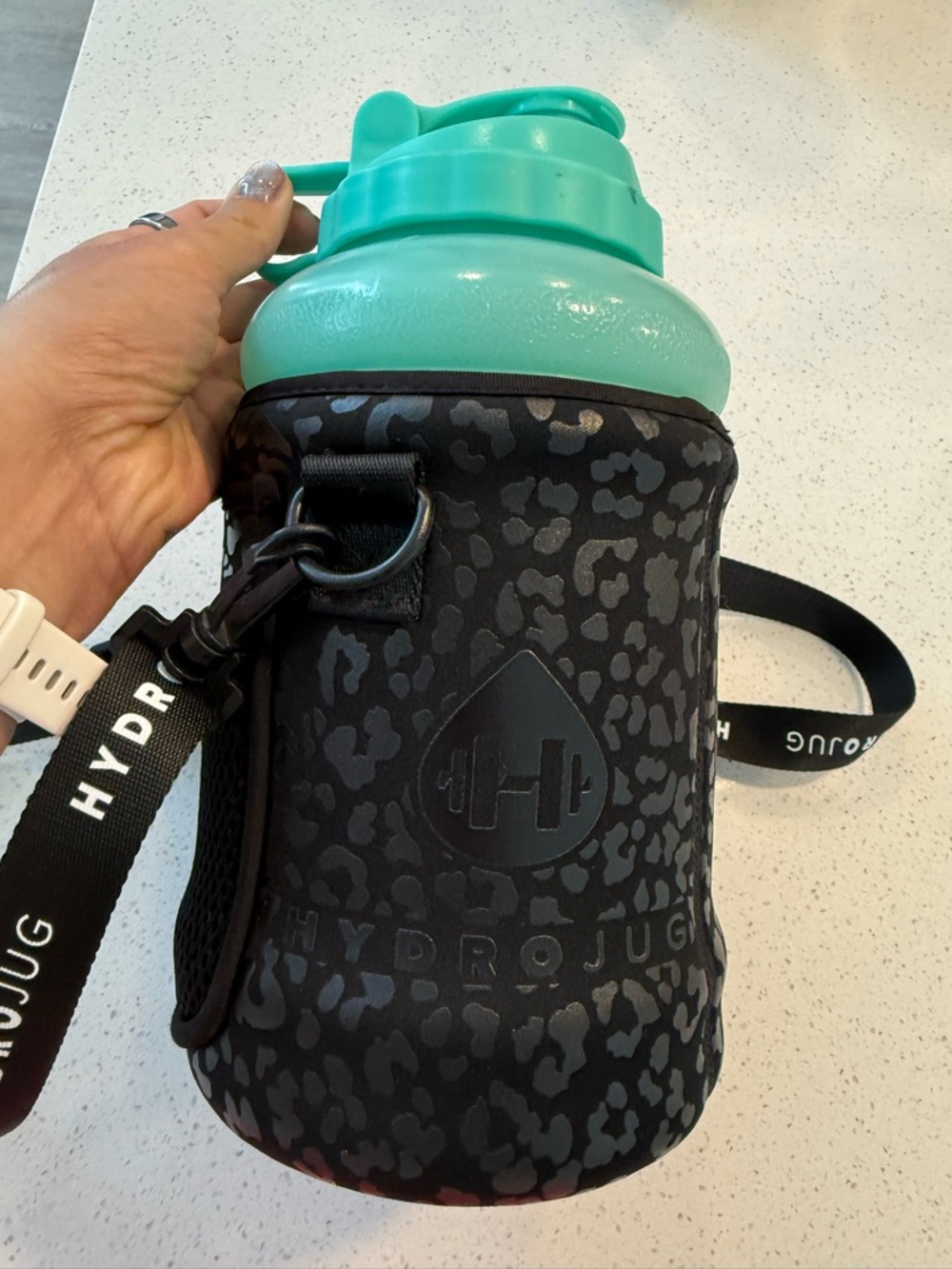 HydroJug bottle with leopard print sleeve
